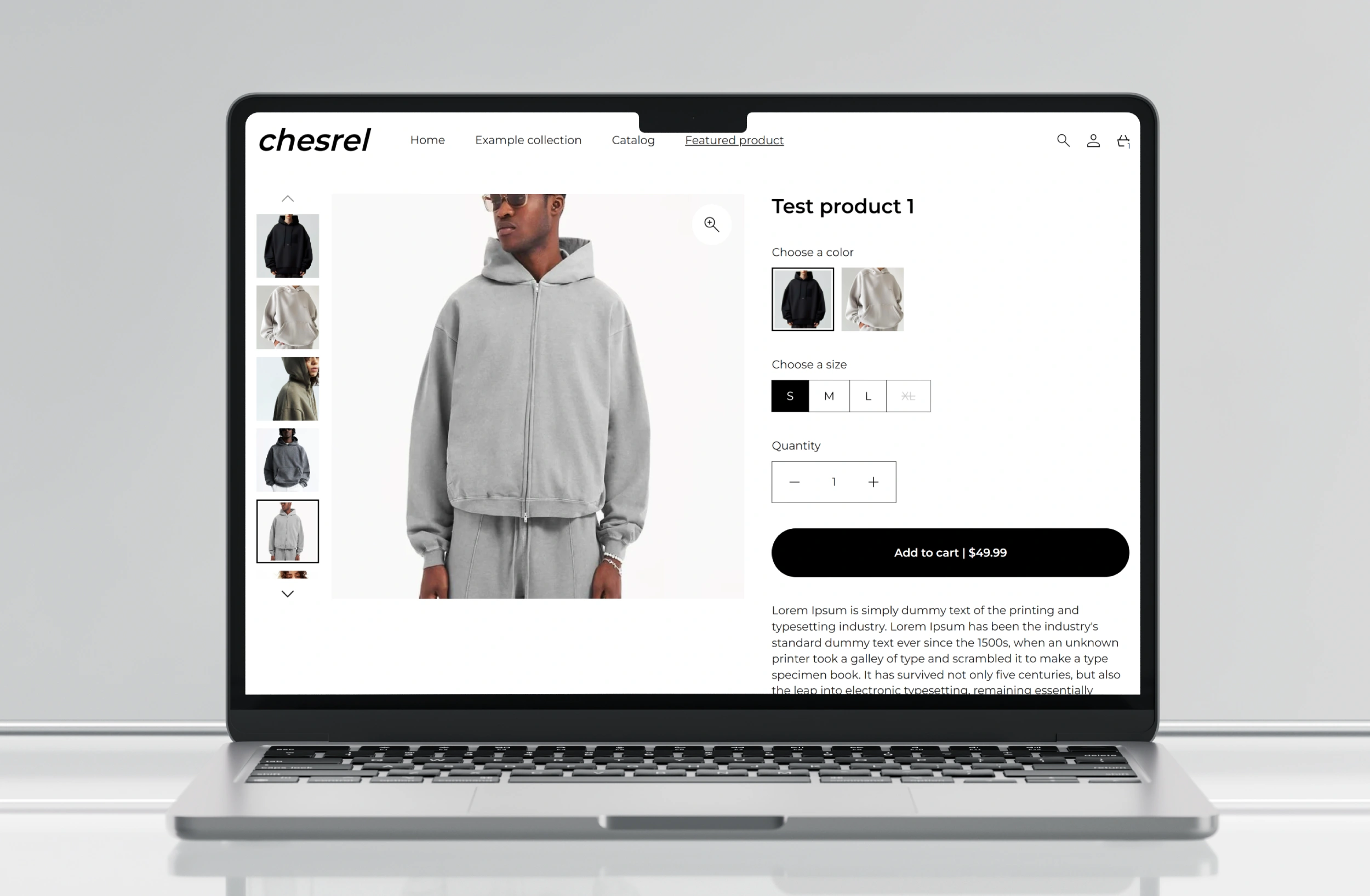 Clean main product section featuring option selection, image zoom and slider